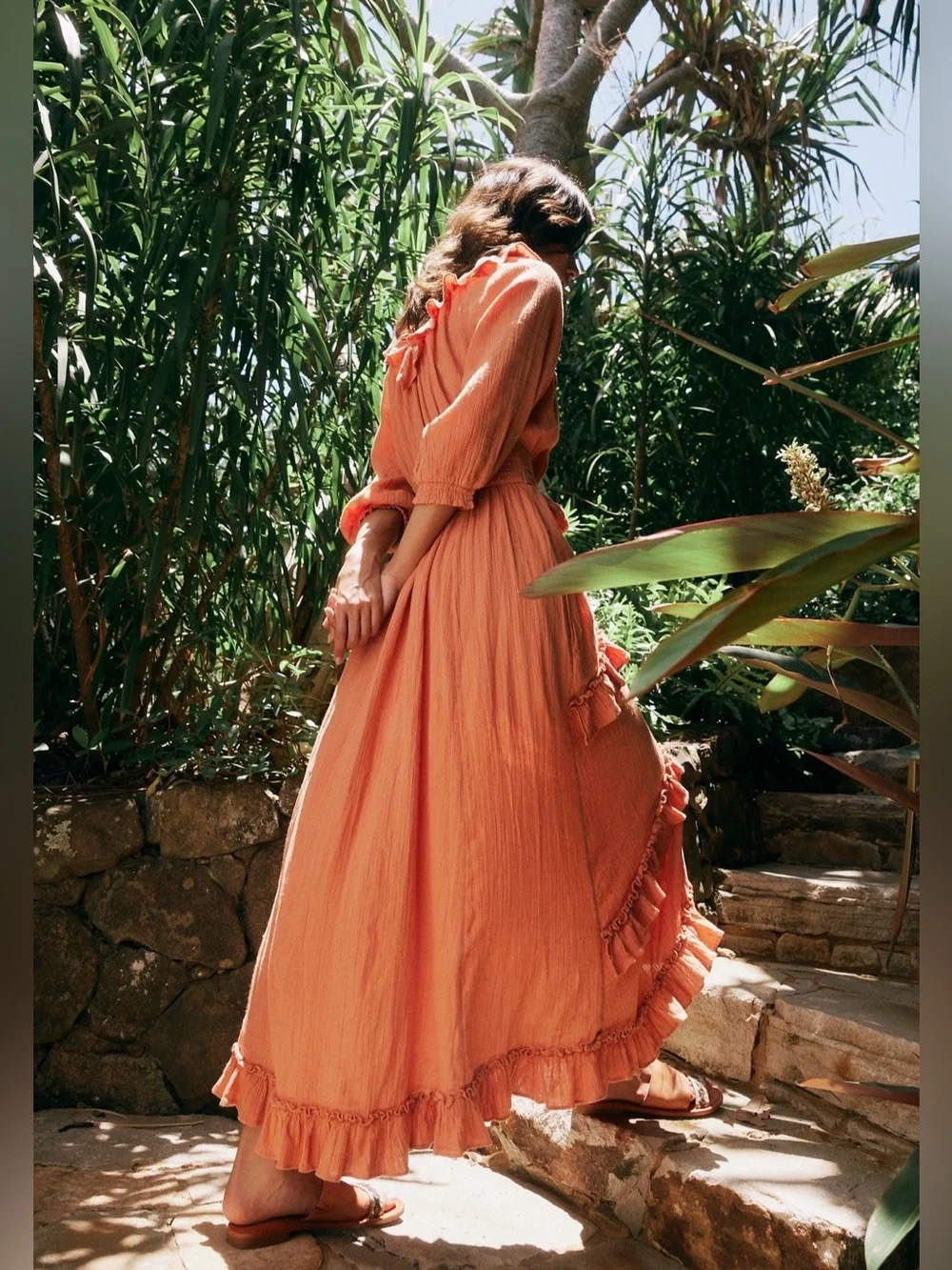 Free People Oh So Romantic Maxi Dress Coral Ruffle Button Front Boho Size S